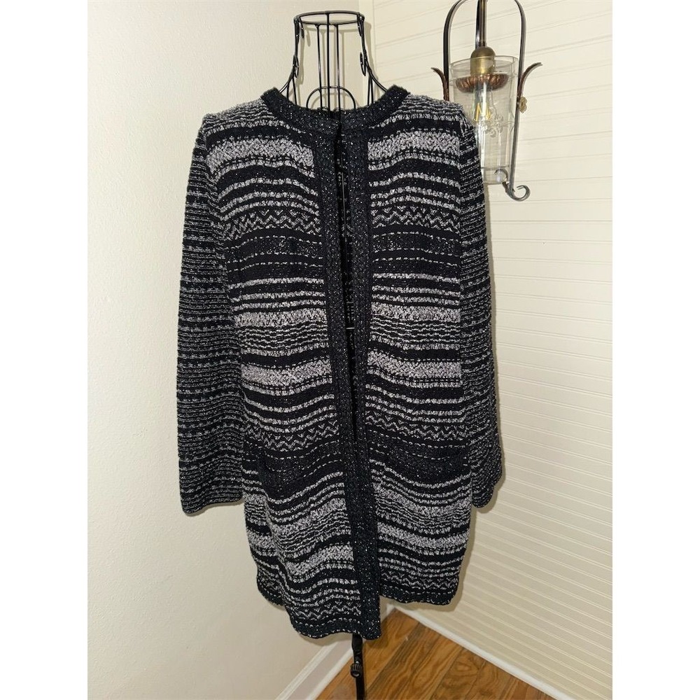 Talbots Womens L Black & White Striped Open Front Cardigan Sweater capsule piece